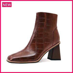Chunky Heel Ankle Boots Square Toe Side Zipper Fall Winter Women's Shoes